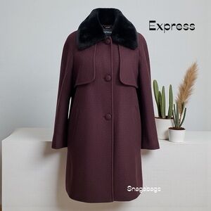 Express Chic Burgundy Coat with Removable Black Faux Fur Collar Wool Blend Med
